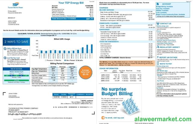 USA Arizona Tucson Electric Power (TEP) utility bill, Word and PDF template, 2 pages